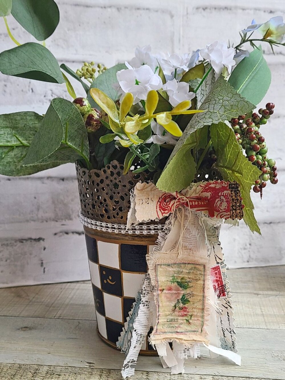 Checked Planter Parisian Street Vendor Floral Urn Buffalo Check Flower Pot
